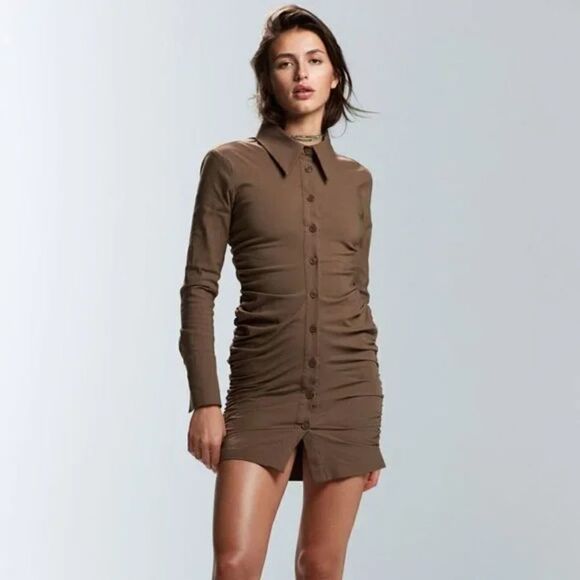 Zara Button Up Bodycon Shirt Dress with Ruching Tan Size Medium - Picture 2 of 11